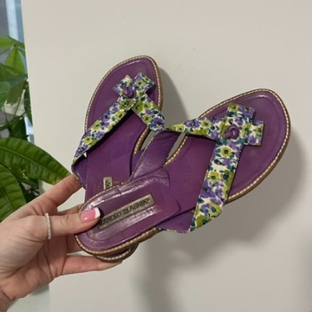 Manolo Blahnik Purple Floral Print Leather Strap Sandals Size 35 - Picture 3 of 8